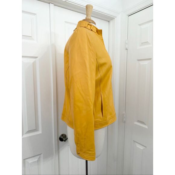 St. John Sport Marie Yellow Gold Mock Neck Full Zip Leather Jacket Size Medium - Picture 4 of 13